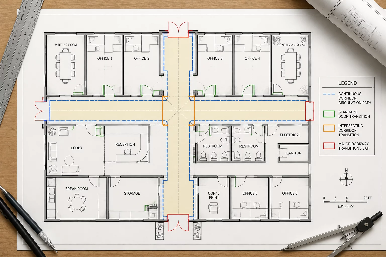 Continuous Hallway & Multi-Room Circulation Zones